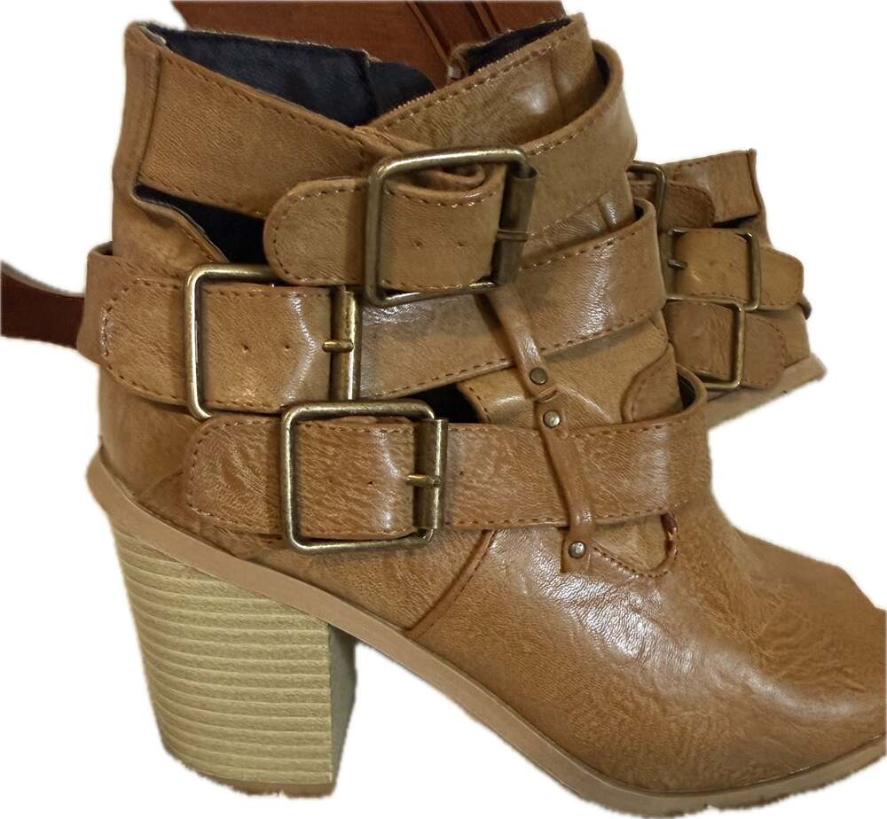 Body Central Tan Multi-Strap Buckle Ankle Boots with Block Heel